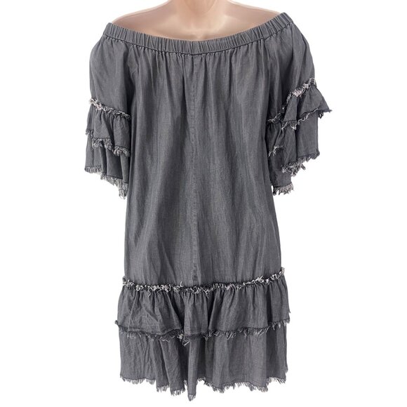 Elan Grey Chambray Frayed Tiered Off Shoulder Tunic Dress Size M Summer Vacation - Picture 4 of 5